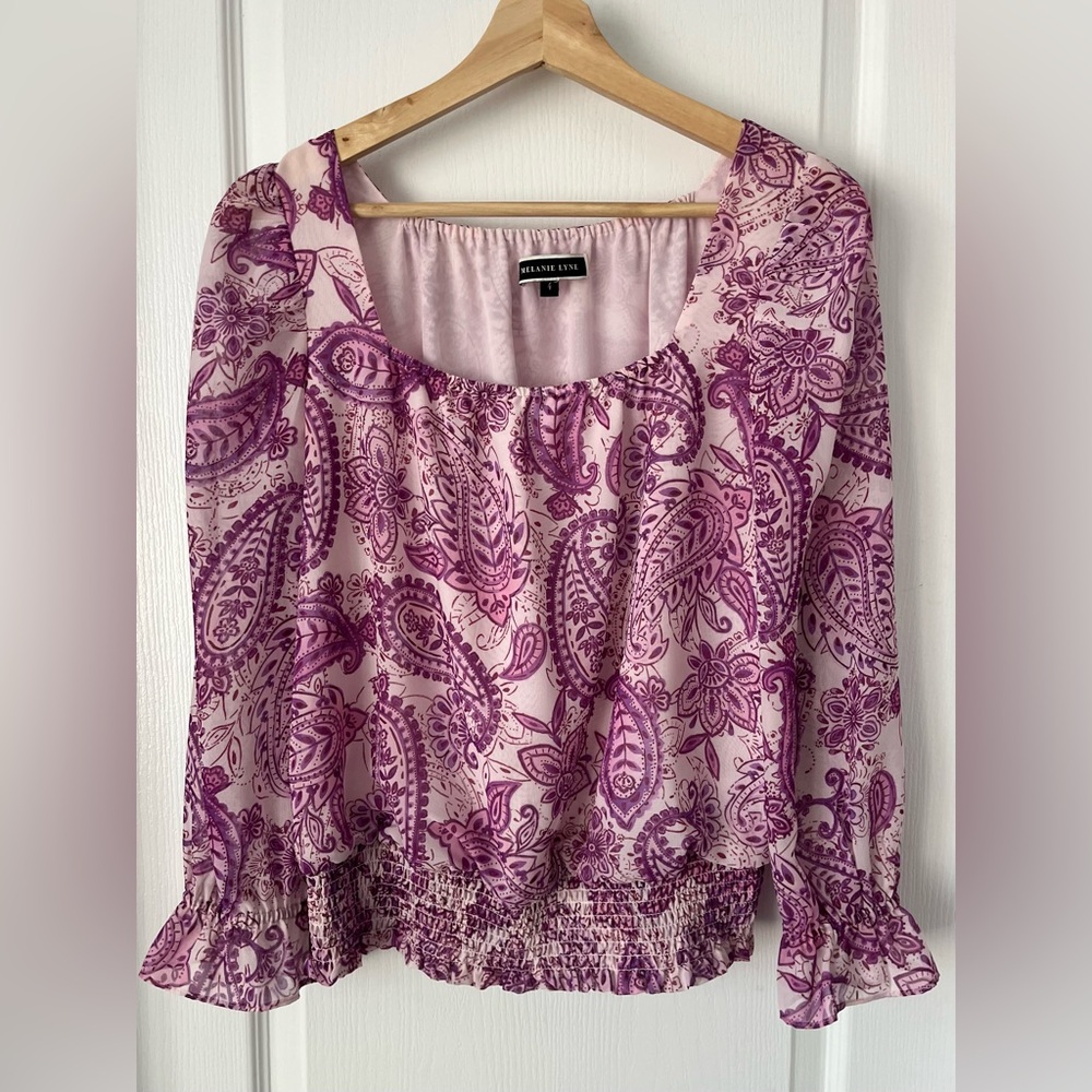 MELANIE LYNE Purple Paisley Square Neck Blouse Smocked Waist Size 4 - Picture 2 of 7
